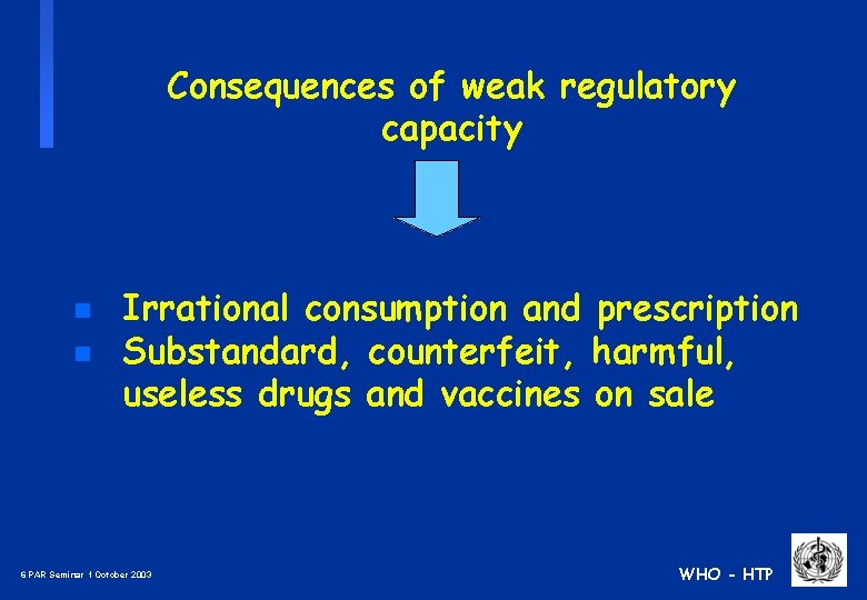 Consequences of weak regulatory capacity n n Irrational consumption and prescription Substandard, counterfeit, harmful,