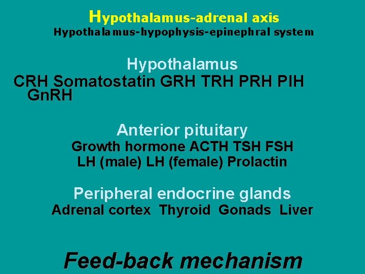 Hypothalamus-adrenal axis Hypothalamus-hypophysis-epinephral system Hypothalamus CRH Somatostatin GRH TRH PIH Gn. RH Anterior pituitary