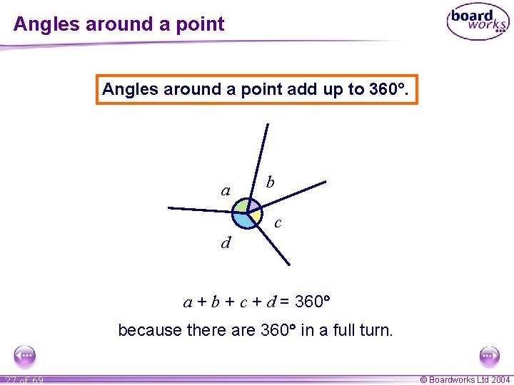 Angles around a point add up to 360. a b c d a +