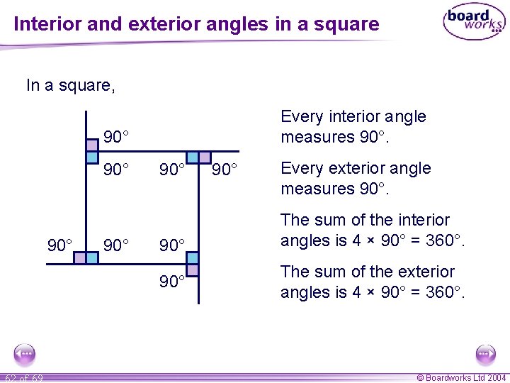 Interior and exterior angles in a square In a square, Every interior angle measures