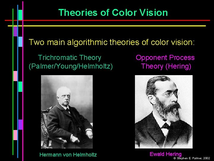 Theories of Color Vision Two main algorithmic theories of color vision: Trichromatic Theory (Palmer/Young/Helmholtz)