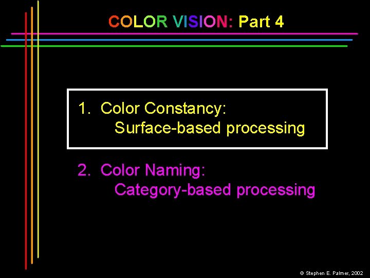 COLOR VISION: Part 4 1. Color Constancy: Surface-based processing 2. Color Naming: Category-based processing