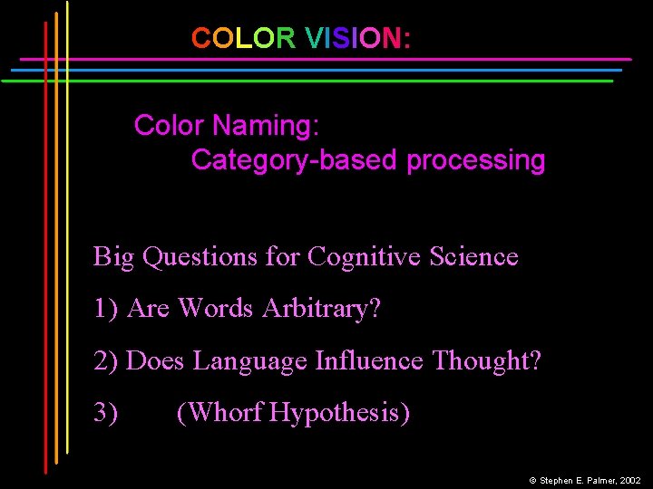 COLOR VISION: Color Naming: Category-based processing Big Questions for Cognitive Science 1) Are Words
