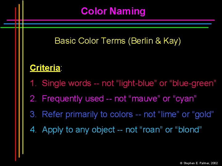 Color Naming Basic Color Terms (Berlin & Kay) Criteria: 1. Single words -- not