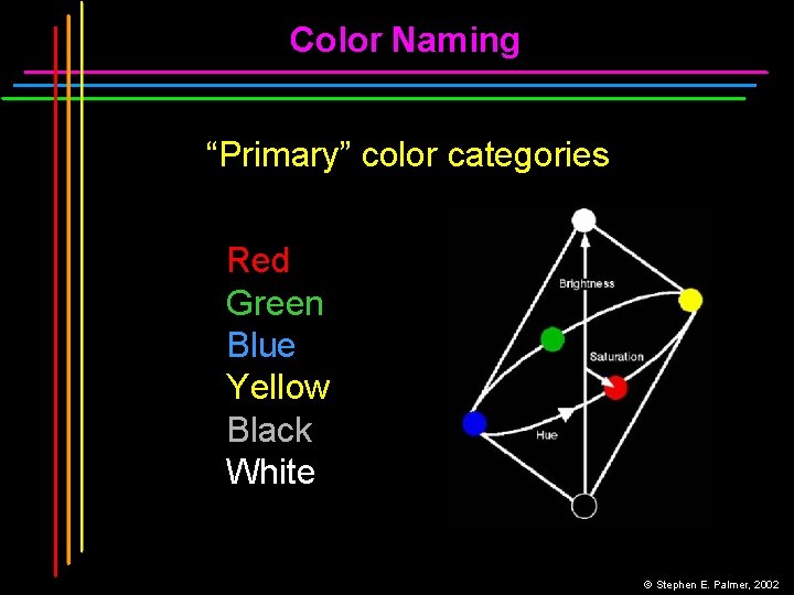 Color Naming “Primary” color categories Red Green Blue Yellow Black White © Stephen E.