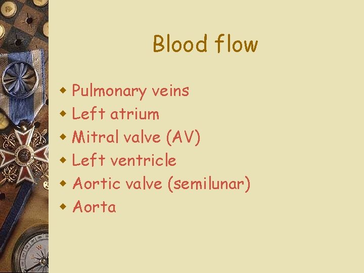 Blood flow w Pulmonary veins w Left atrium w Mitral valve (AV) w Left