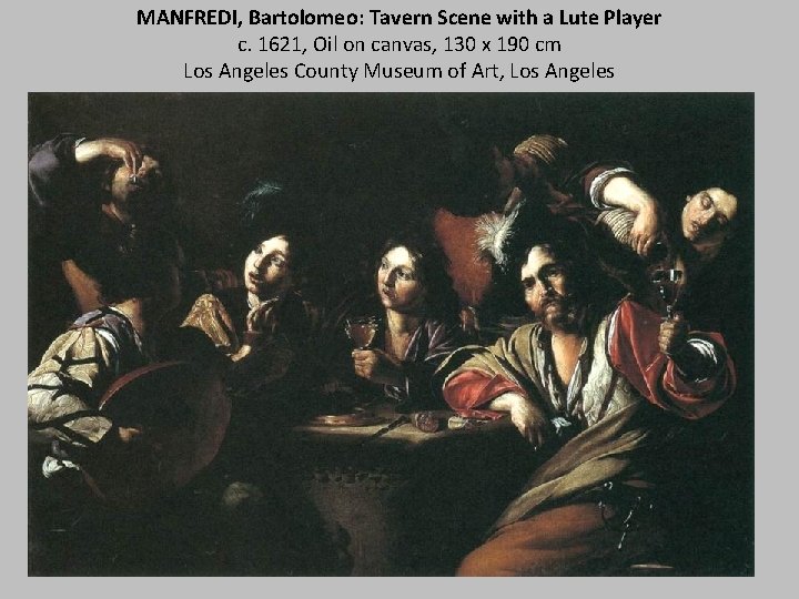 MANFREDI, Bartolomeo: Tavern Scene with a Lute Player c. 1621, Oil on canvas, 130