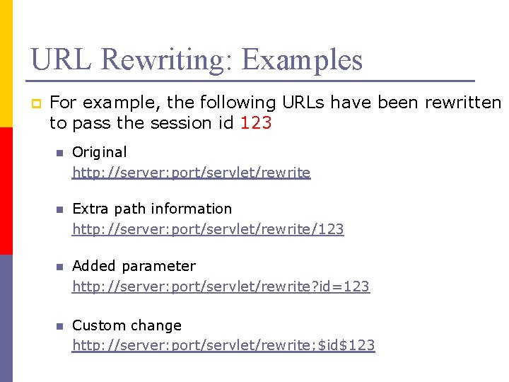 URL Rewriting: Examples p For example, the following URLs have been rewritten to pass