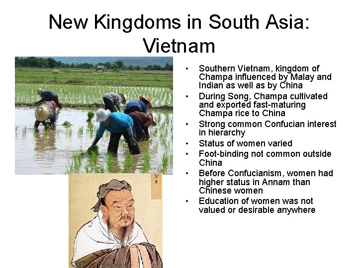 New Kingdoms in South Asia: Vietnam • • Southern Vietnam, kingdom of Champa influenced