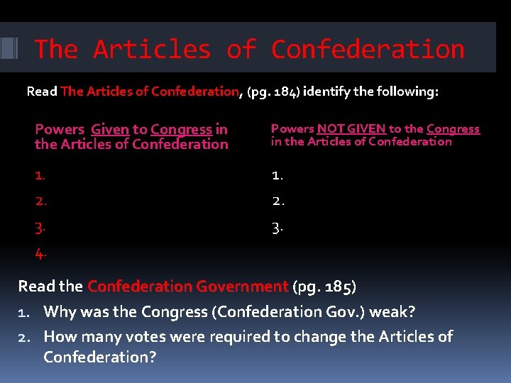 The Articles of Confederation Read The Articles of Confederation, (pg. 184) identify the following: