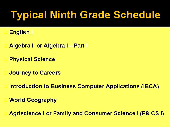 Typical Ninth Grade Schedule q English I q Algebra I or Algebra I—Part I