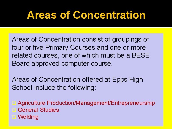 Areas of Concentration consist of groupings of four or five Primary Courses and one