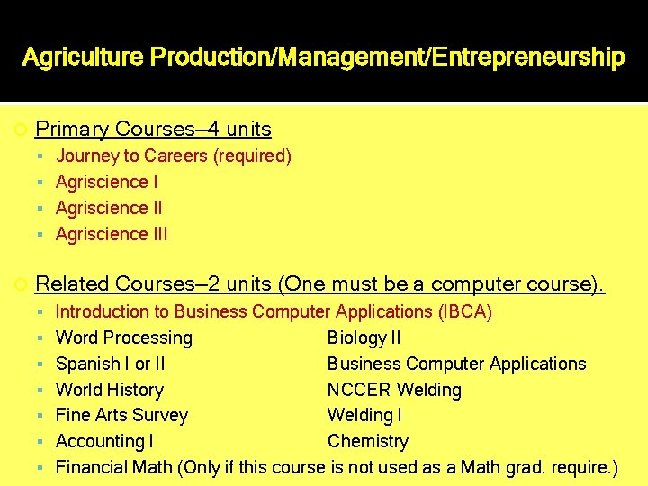 Agriculture Production/Management/Entrepreneurship Primary Courses— 4 units Journey to Careers (required) Agriscience III Related Courses—