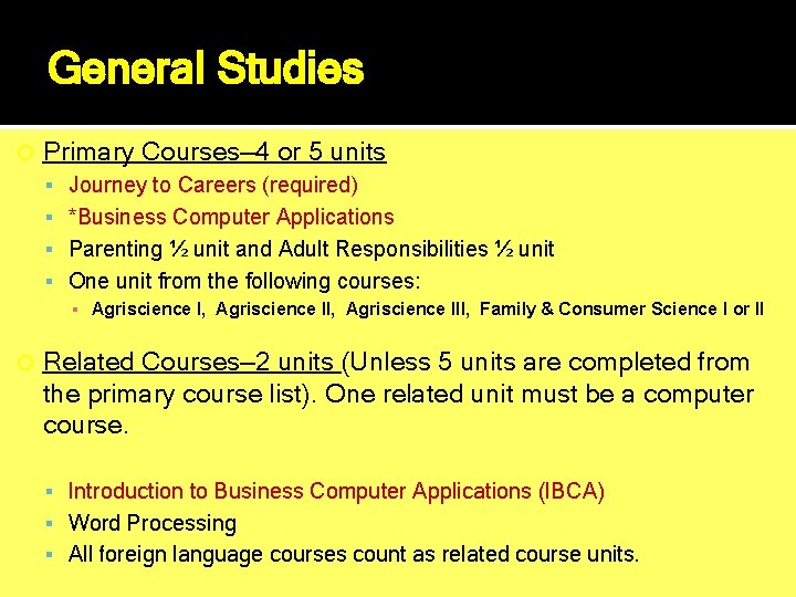 General Studies Primary Courses— 4 or 5 units Journey to Careers (required) *Business Computer