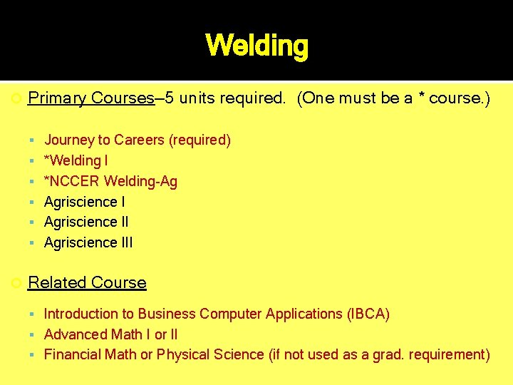 Welding Primary Courses— 5 units required. (One must be a * course. ) Journey