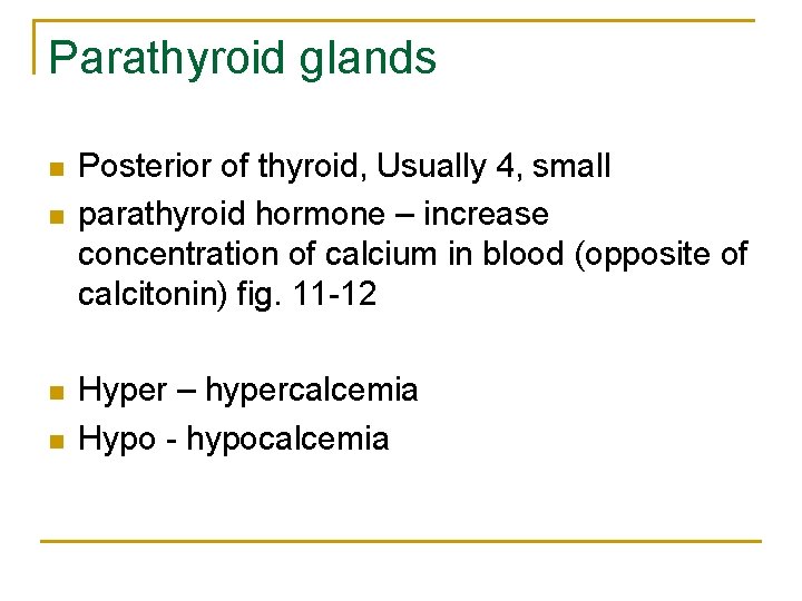 Parathyroid glands n n Posterior of thyroid, Usually 4, small parathyroid hormone – increase
