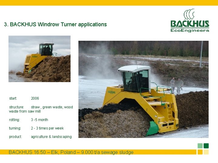 3. BACKHUS Windrow Turner applications start: 2006 structure: straw , green waste, wood waste