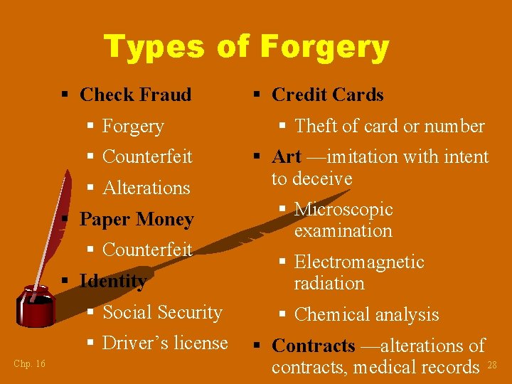 Types of Forgery § Check Fraud § Forgery § Counterfeit § Alterations § Paper