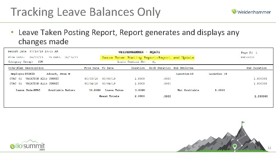 Tracking Leave Balances Only • Leave Taken Posting Report, Report generates and displays any