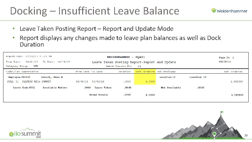 Docking – Insufficient Leave Balance • Leave Taken Posting Report – Report and Update
