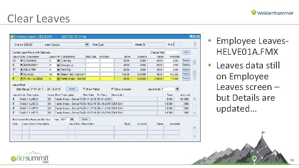 Clear Leaves • Employee Leaves. HELVE 01 A. FMX • Leaves data still on