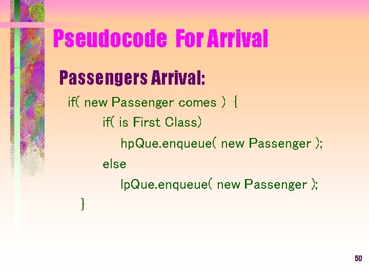 Pseudocode For Arrival Passengers Arrival: if( new Passenger comes ) { if( is First