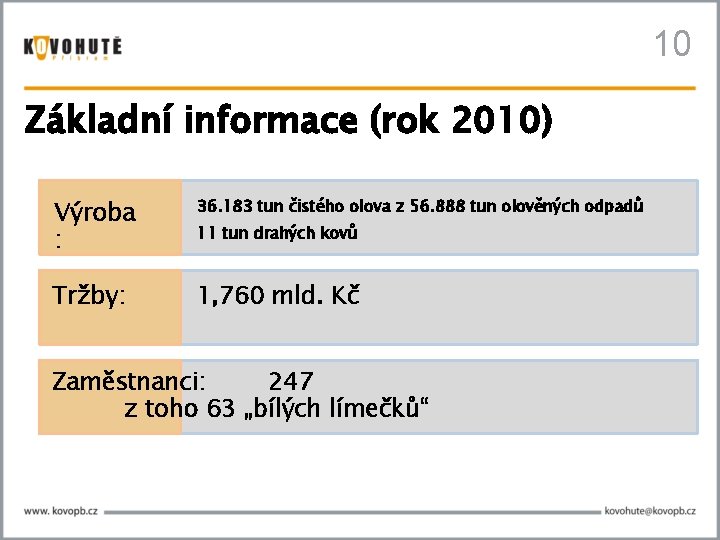 10 Základní informace (rok 2010) Výroba : 36. 183 tun čistého olova z 56.