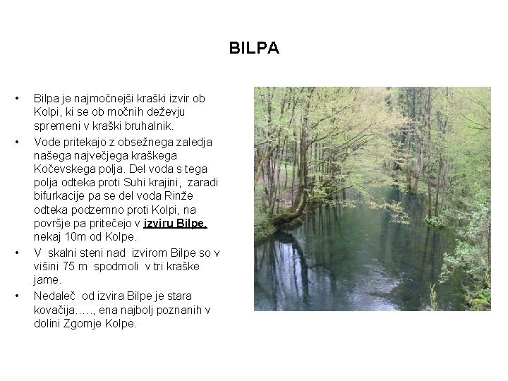 BILPA • • Bilpa je najmočnejši kraški izvir ob Kolpi, ki se ob močnih