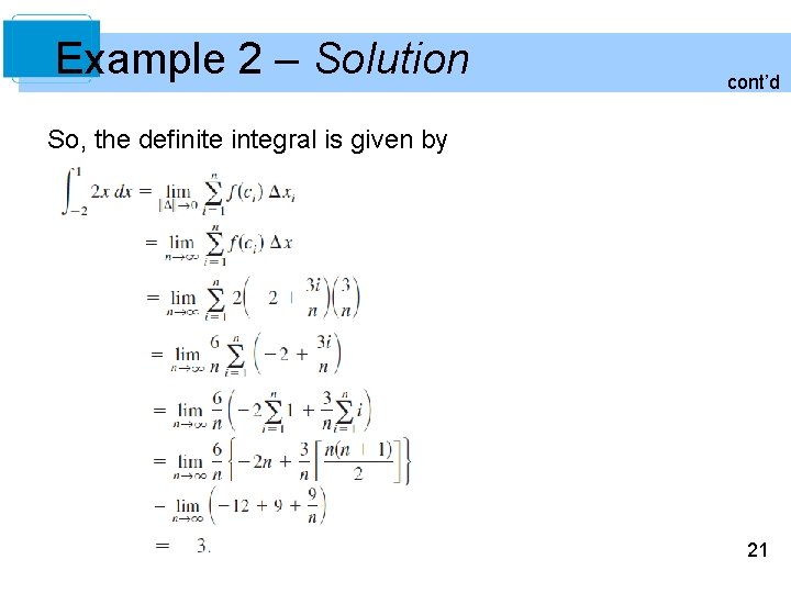 Example 2 – Solution cont’d So, the definite integral is given by 21 