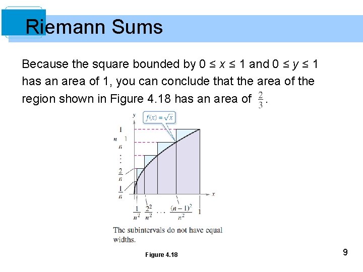 Riemann Sums Because the square bounded by 0 ≤ x ≤ 1 and 0