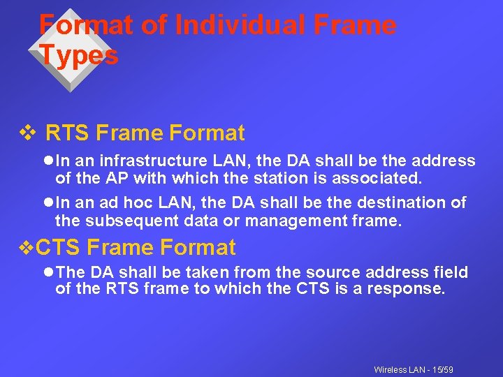 Format of Individual Frame Types v RTS Frame Format l In an infrastructure LAN,