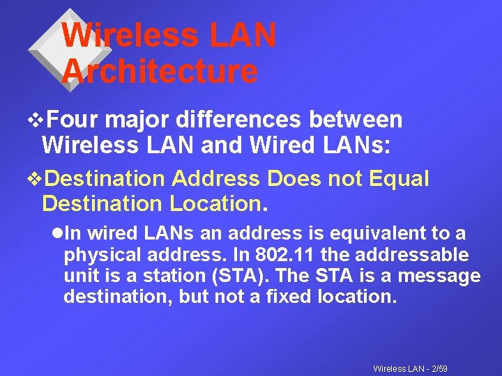 Wireless LAN Architecture v. Four major differences between Wireless LAN and Wired LANs: v.