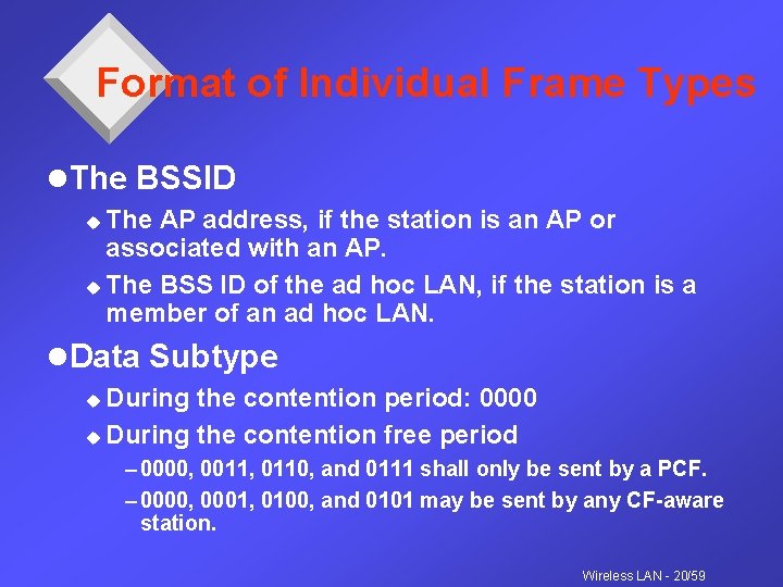 Format of Individual Frame Types l. The BSSID The AP address, if the station