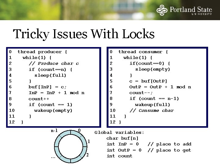 Tricky Issues With Locks 0 thread producer { 1 while(1) { 2 // Produce