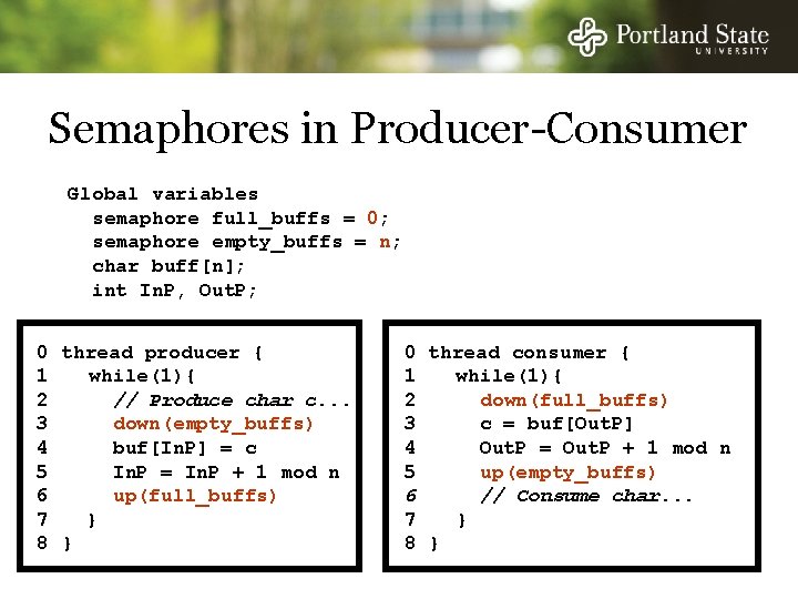 Semaphores in Producer-Consumer Global variables semaphore full_buffs = 0; semaphore empty_buffs = n; char