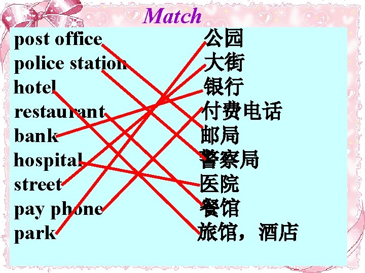 post office police station hotel restaurant bank hospital street pay phone park Match 公园