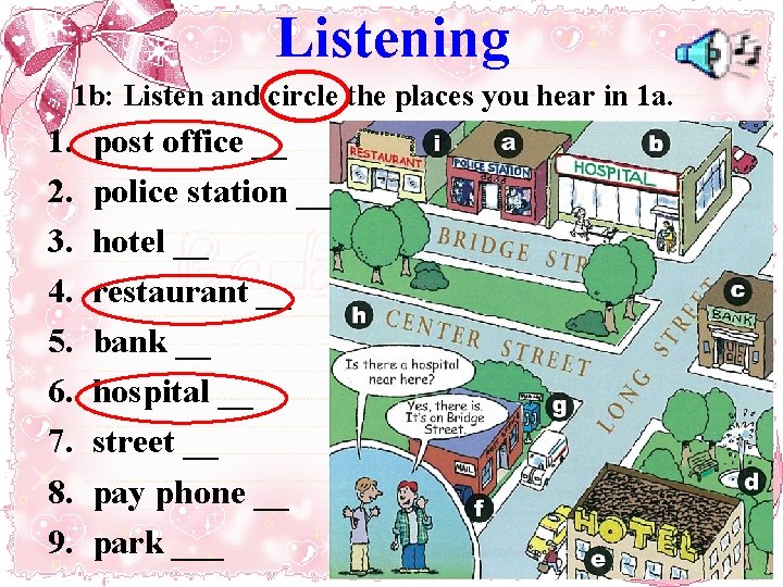 Listening 1 b: Listen and circle the places you hear in 1 a. 1.