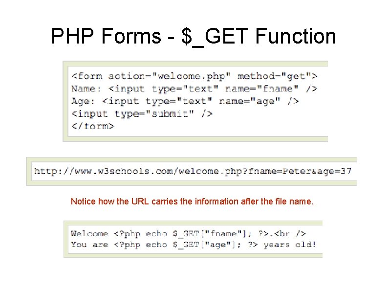 PHP Forms - $_GET Function Notice how the URL carries the information after the