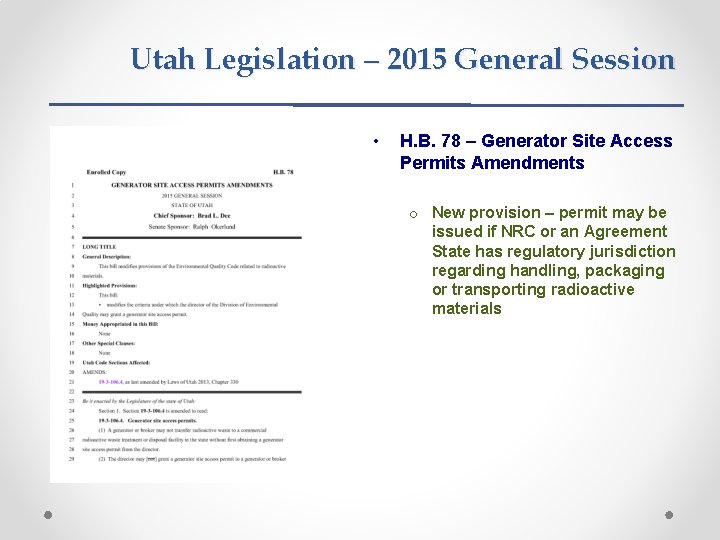 Utah Legislation – 2015 General Session • H. B. 78 – Generator Site Access