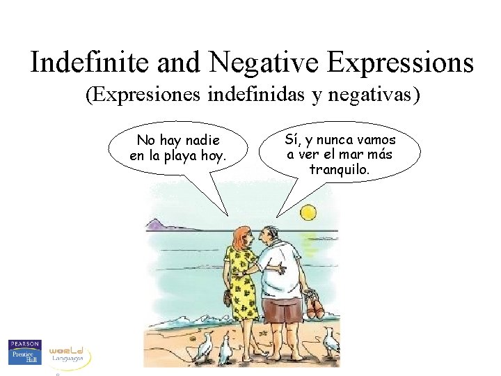 Indefinite and Negative Expressions (Expresiones indefinidas y negativas) No hay nadie en la playa