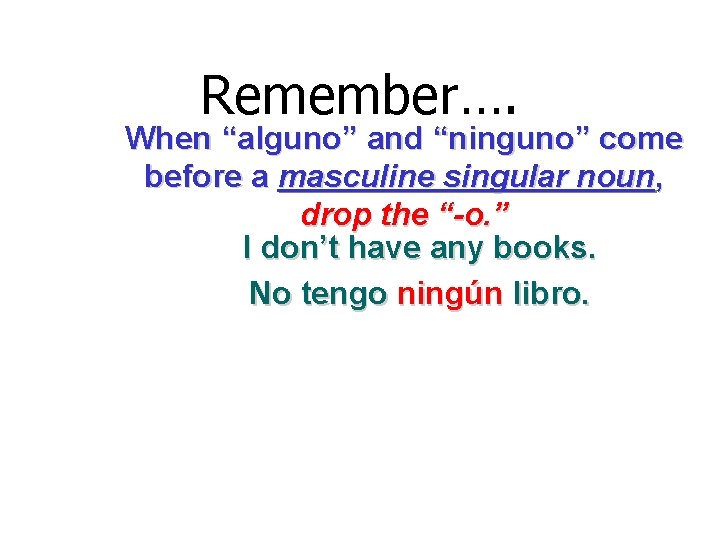 Remember…. When “alguno” and “ninguno” come before a masculine singular noun, drop the “-o.