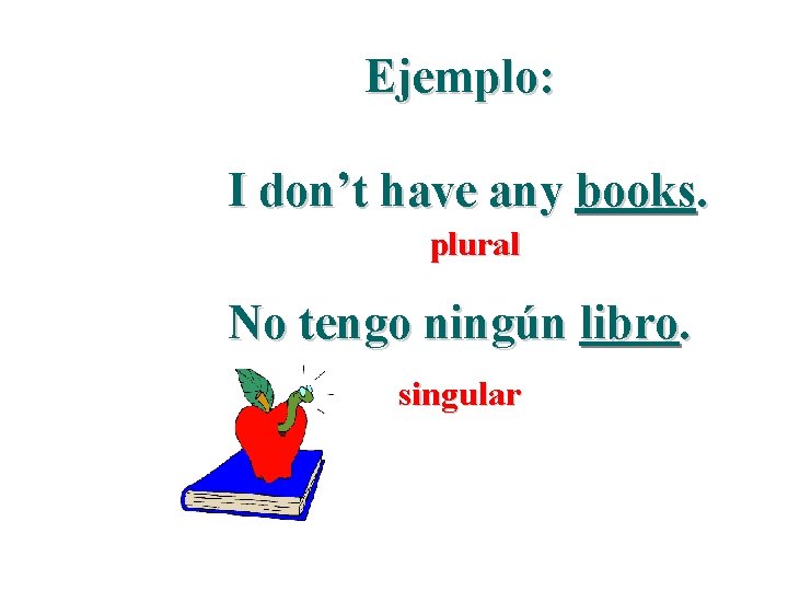 Ejemplo: I don’t have any books. plural No tengo ningún libro. singular 