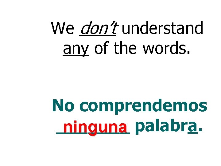 We don’t understand any of the words. No comprendemos _______ ninguna palabra. 