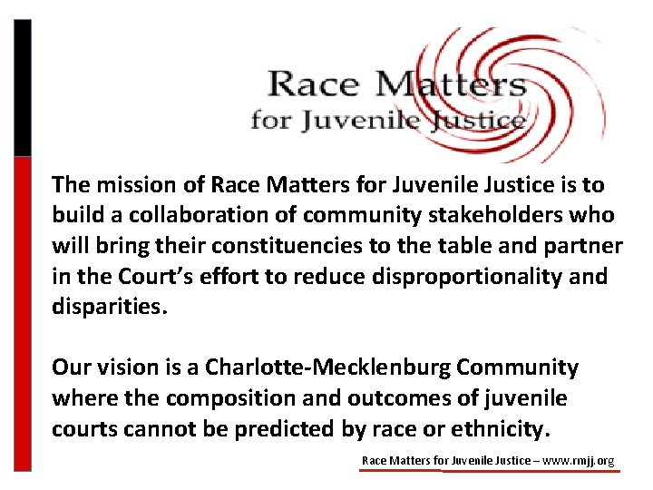 The mission of Race Matters for Juvenile Justice is to build a collaboration of