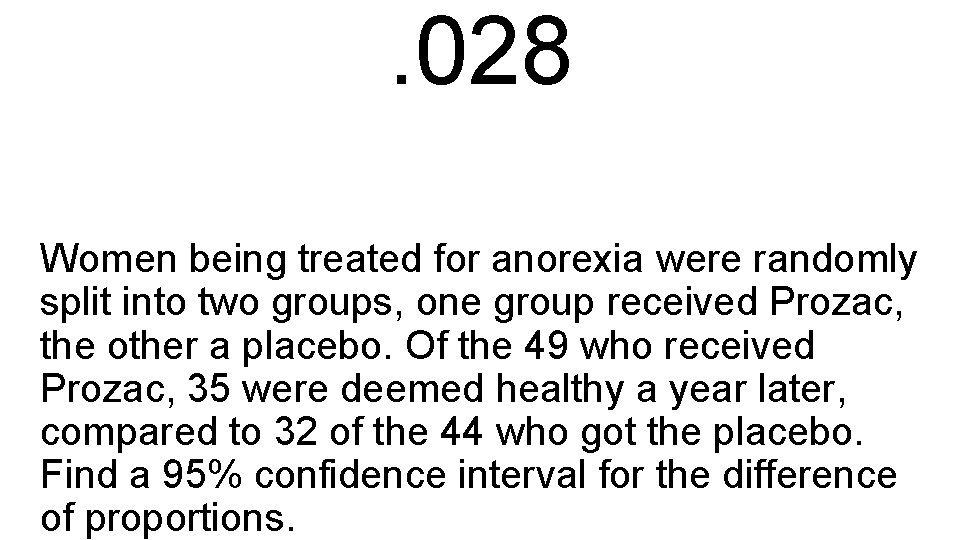 . 028 Women being treated for anorexia were randomly split into two groups, one