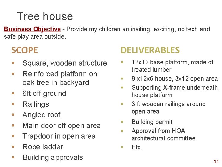 Tree house Business Objective - Provide my children an inviting, exciting, no tech and