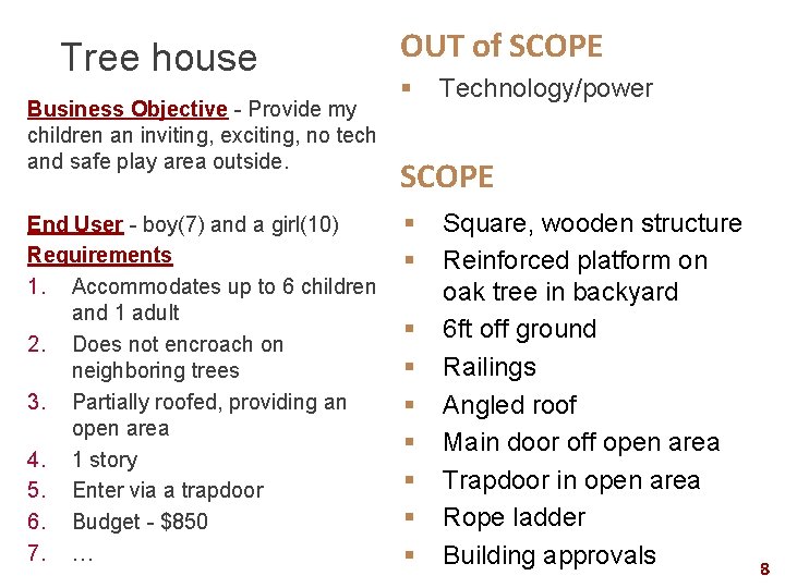 Tree house Business Objective - Provide my children an inviting, exciting, no tech and