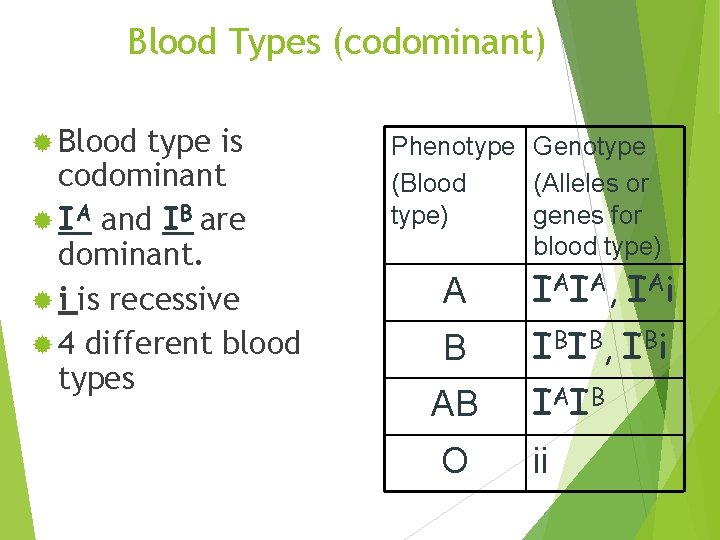 Blood Types (codominant) ® Blood type is codominant ® IA and IB are dominant.