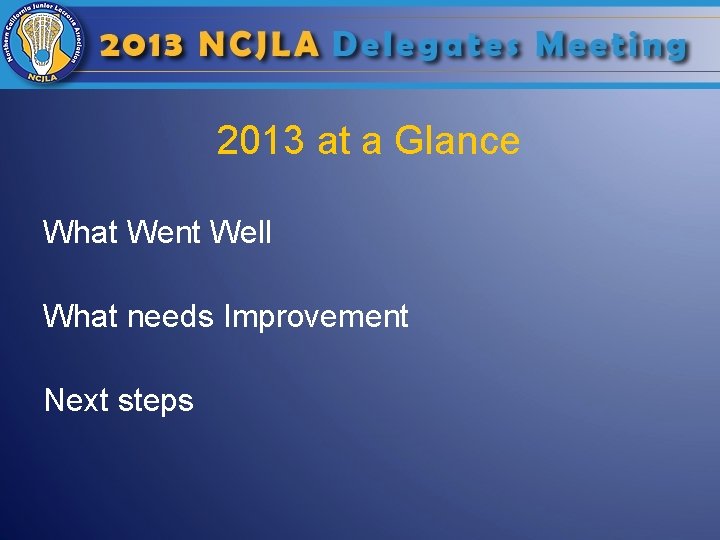 2013 at a Glance What Went Well What needs Improvement Next steps 