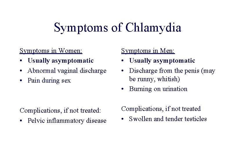 STD 101 for Non-Clinicians Chlamydia Symptoms of Chlamydia Symptoms in Women: • Usually asymptomatic